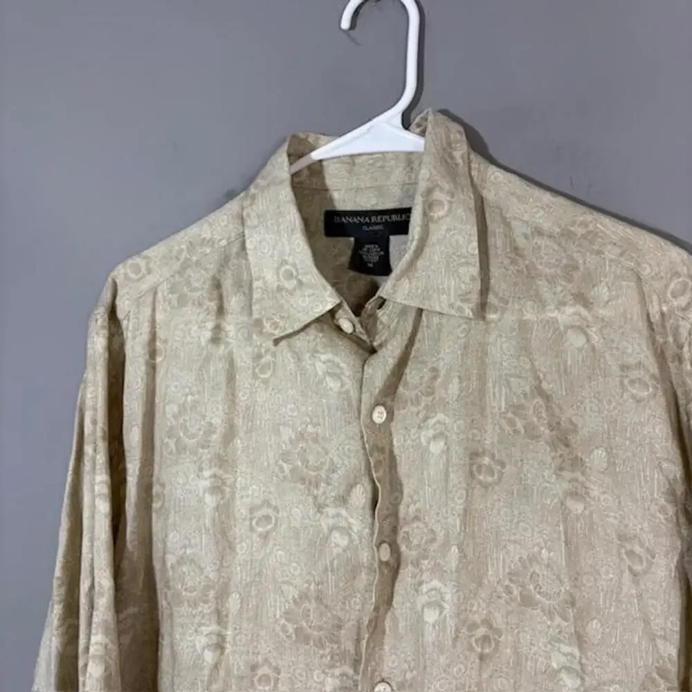 Banana Republic Shirt Mens Medium Beige Floral Linen Long Sleeve Button Up